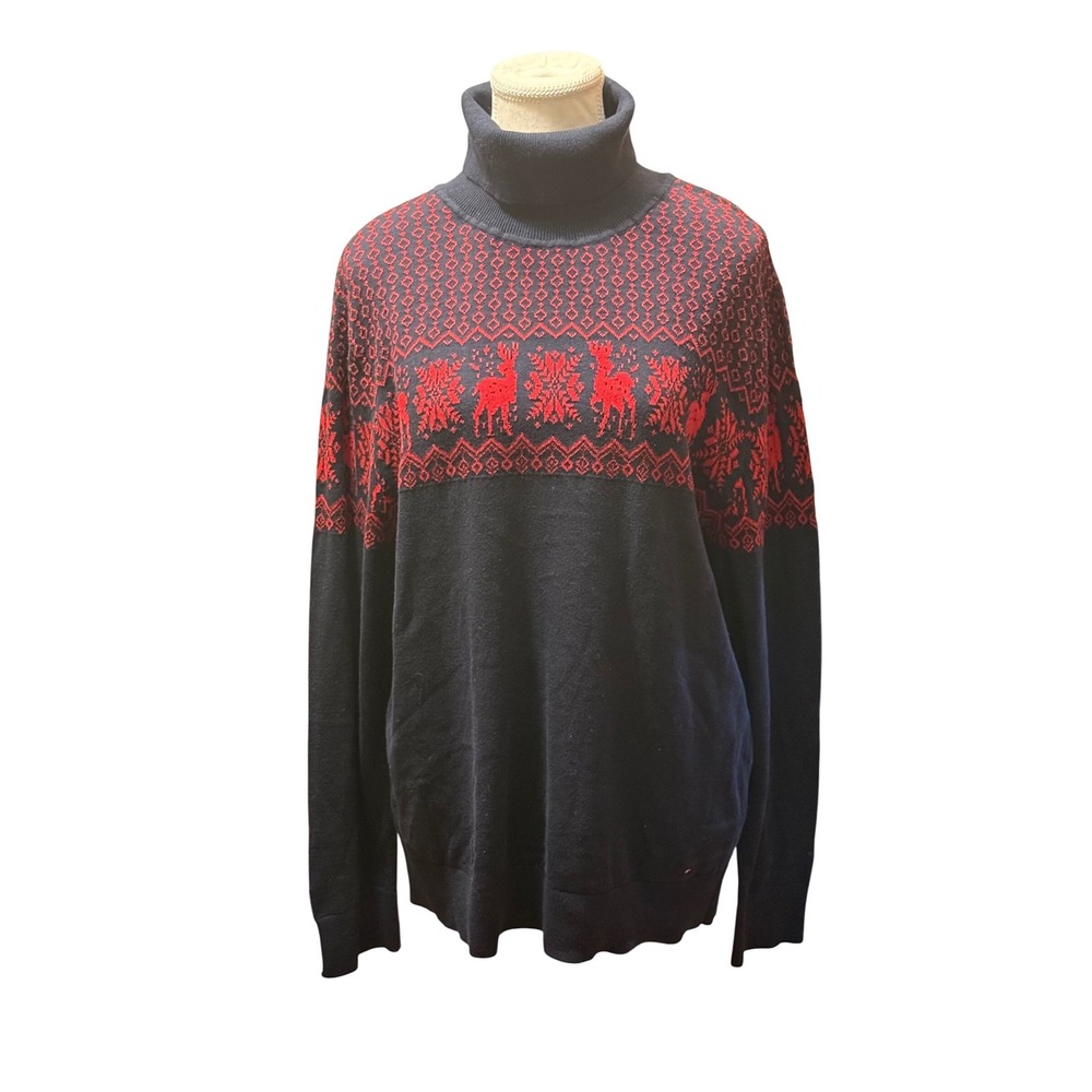 Tommy‎ Hilfiger Women Blue Red Reindeer Fair Isle Knit Turtleneck Sweater L G